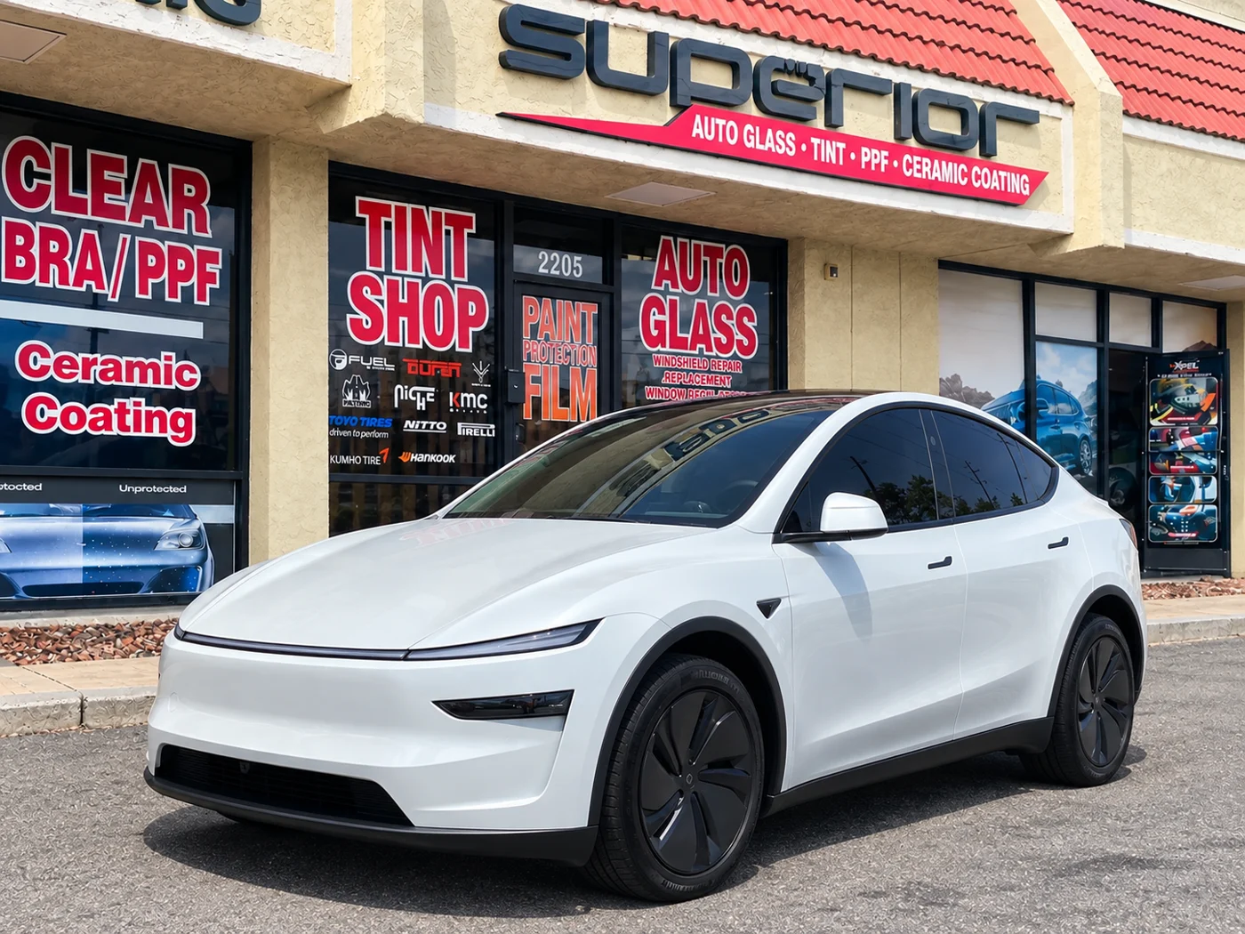 White Tesla in front of Superior with edited Tint Shop signage